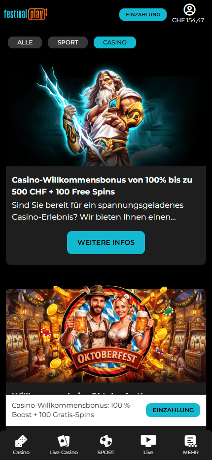 Festival Play Aktionsseite in der mobilen Ansicht mit dem Casino-Willkommensbonus von 100 % bis 500 CHF und 100 Free Spins